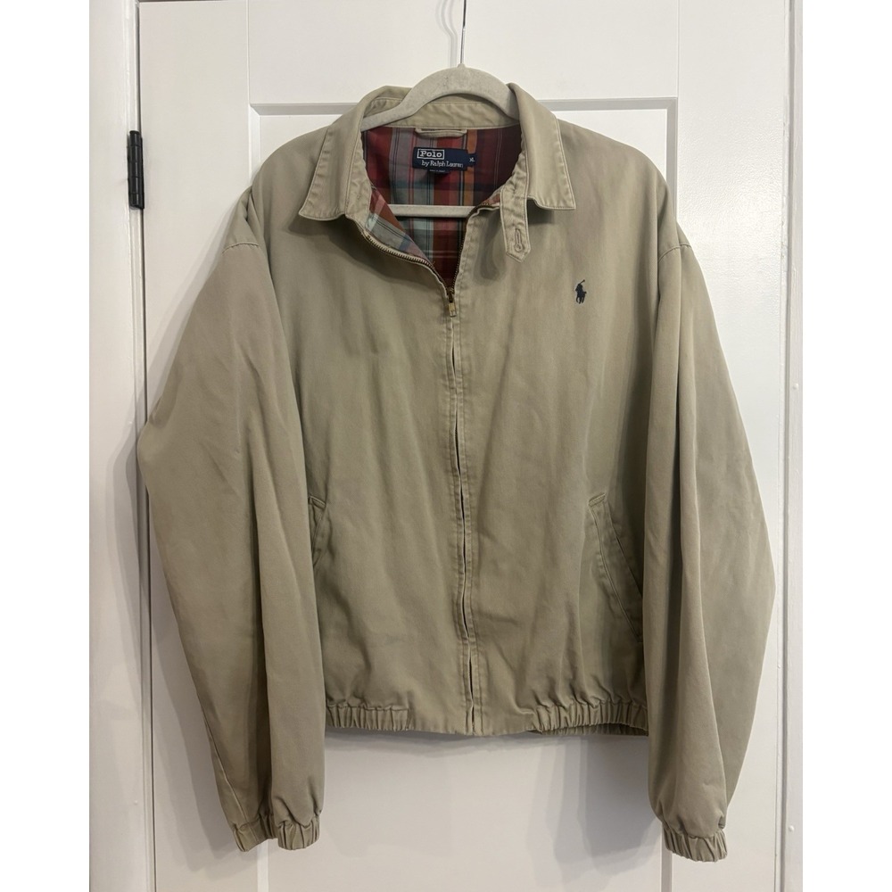 Vintage 90s Polo Ralph Lauren Men's XL Tan Plaid Flannel Lined Harrington Jacket
